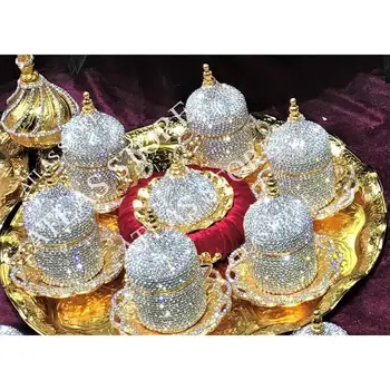 

6 person coffee set crystals and beads silver n gold color porcelain with lid