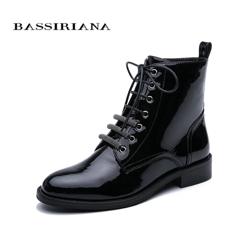 BASSIRIANA / осень новые женские туфли кожаные черные лакированные туфли плоские европейские и американские сапоги