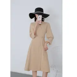 2019 осеннее новое модное платье с запахом 50s 60s пояс Ретро наручные рукава офисное платье Повседневная рабочая одежда хаки платье женское