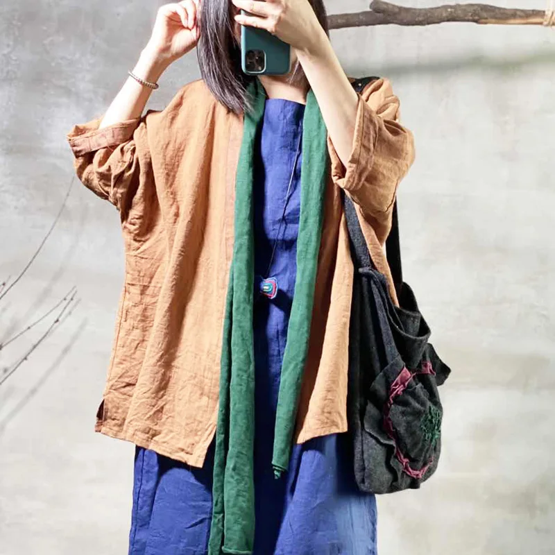 Johnature Women Vintage Linen Shirts Patchwork Blouses 2021 New Summer Original Chinese Style Female Loose And Tops | Женская одежда
