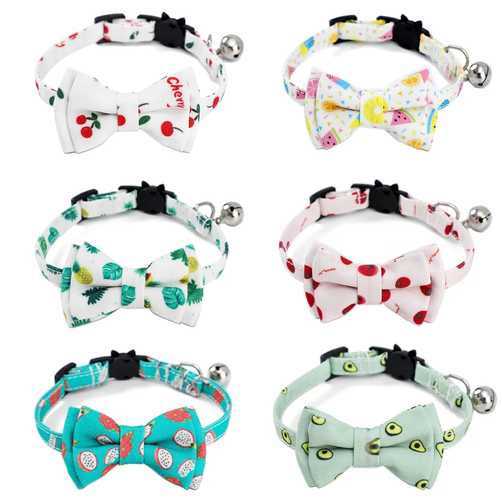 Breakaway Cat Collar with Bell and Accessories Summer Printing Kitten Collar Bowtie Safety for Kitty 10 Colors Adjustable