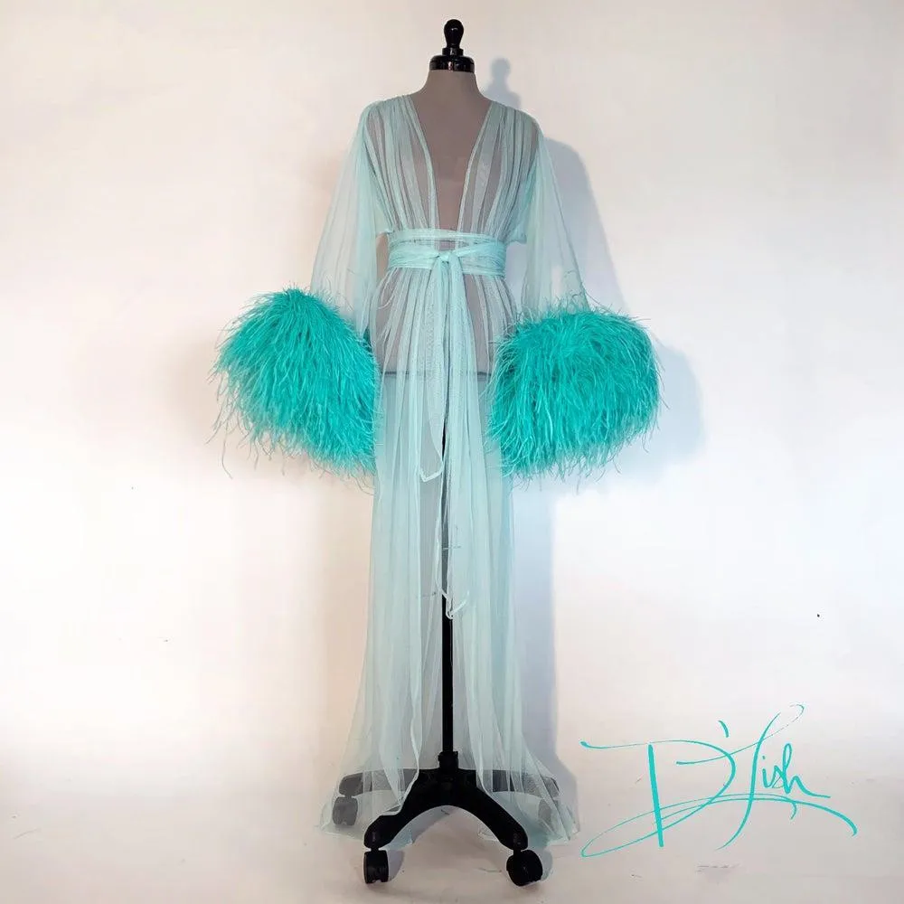 Turquoise Robe De Mariée Sexy Women Bathrobe Feather Sleepwear Nightgown Long Sleeve Long Robe Spa Bridal Boudoir Robe