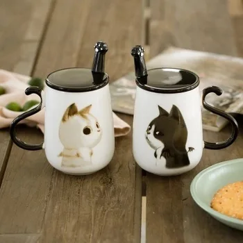 

Creative Cat Coffee Ceramic Mug with Lid Spoon 500ml Large Capacity Household Office Milk and Juice Cup with Handgrip for Couple