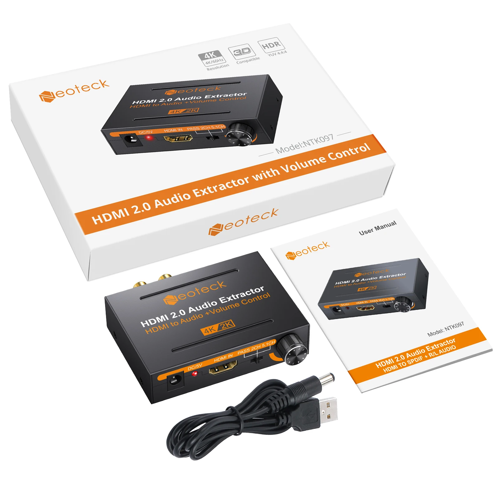 Neoteck Audio Extractor Converter 2160P 4K x 2K HDMI to HDMI-compatible Optical Toslink RCA L/R Adapter 5.1CH/2.0ch/Pass Audio