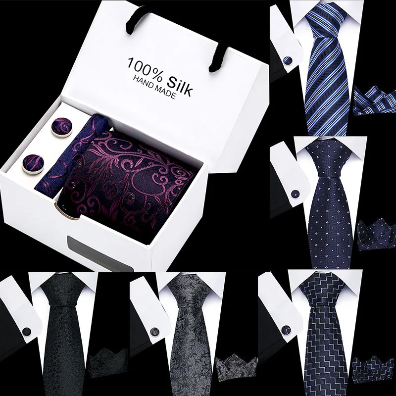 

New Models 8CM Ties Gradient Color Neckties Solid Striped&Paisley Tie Mens Blue Black Purple Tie Set For Wedding Party Gift Box