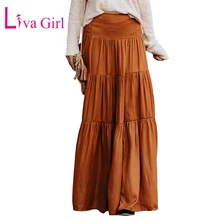 LIVA GIRL, богемная Осенняя Женская юбка макси, одноцветная, со сборками, многоуровневая, эластичная талия, повседневные, драпированные, длинные юбки, женский халат, Jupe XL