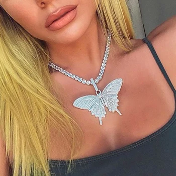 

Hiphop Rose Gold Butterfly Pendant Necklaces Pink Cuban Link Chain For Women Iced Out 5mmTennis Chain AAA Cubic Zircon jewelry