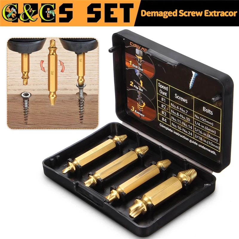 4Pcs Titanium Coated Double Side Damaged Screw Extractor Drill Bit Guide Set Broken Speed Out Bolt Stud Stripped Remover | Инструменты