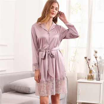 

Solid Color Silk Night-Robe Women Sexy Lace Trim Satin Sleepwear Bride Bridesmaid Wedding Robes Comfort Bathrobe Dressing Gown