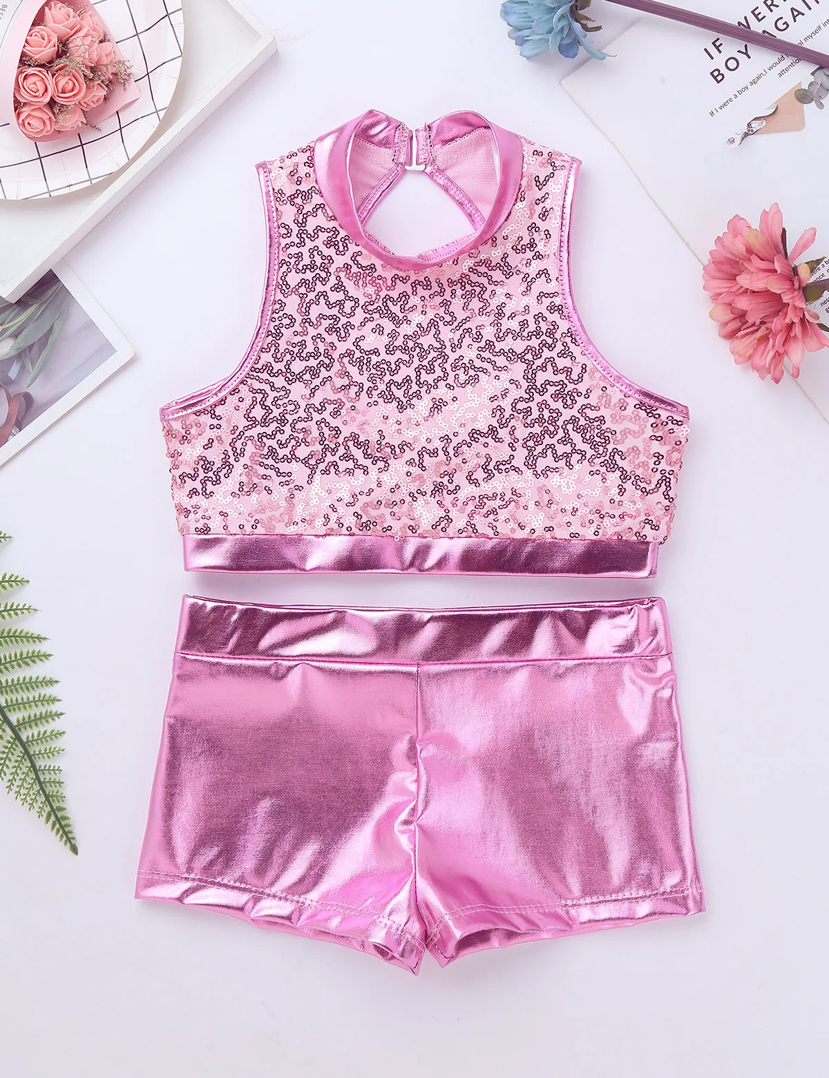 Kids Girls Sports Suit Ballet Dancewear Outfit Sequins Crop Top Metallic Bottoms Set For Jazz Hip Hop Dance Gymnastics Workout