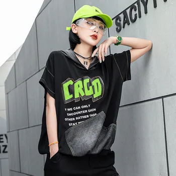 

Fashion Jean Spliced Tops Tee Shirts Hooded Womens Summer Denim T-shirt Casual Kawaii Female Vintage Tshirt Streetwear LT794S50