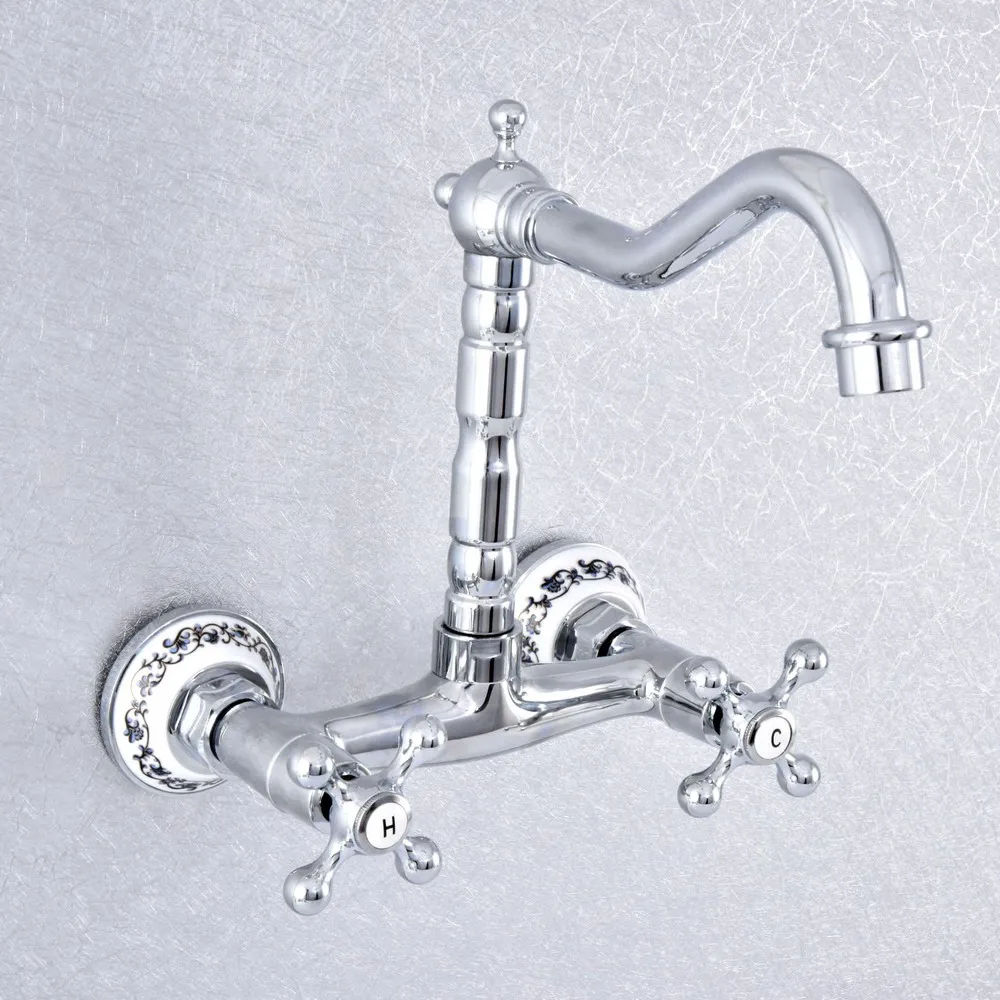 

Polished Chrome Brass Ceramic Base Wall Mounted Bathroom Kitchen Sink Faucet Swivel Spout Mixer Tap Dual Cross Handles msf787
