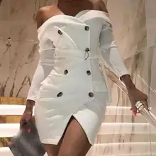 Женские вечерние платья, сексуальное Белое платье с открытыми плечами и пуговицами на груди, элегантное облегающее платье с длинным рукавом