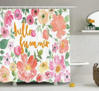 

Flower Rose Wreath Classic Frame Border With Hello Summer Waterproof Polyester Fabric Bathroom Shower Curtain With Hook