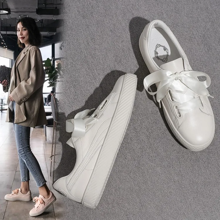 

External Full Leather WOMEN'S Shoes Pq32-2 round Flat White Shoes Spring And Autumn New Style Casual Soft Lace-up Small Leather