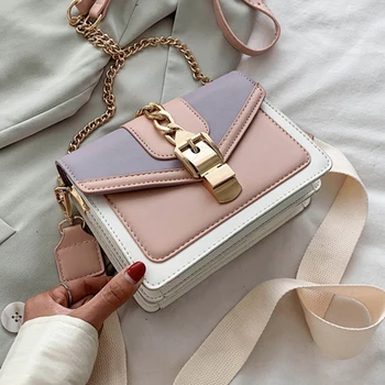 

Women Solid Color Shoulder Bags Patchwork Golden Chain PU Strap Bag Fashion Crossbody Shoulder Bags For Women