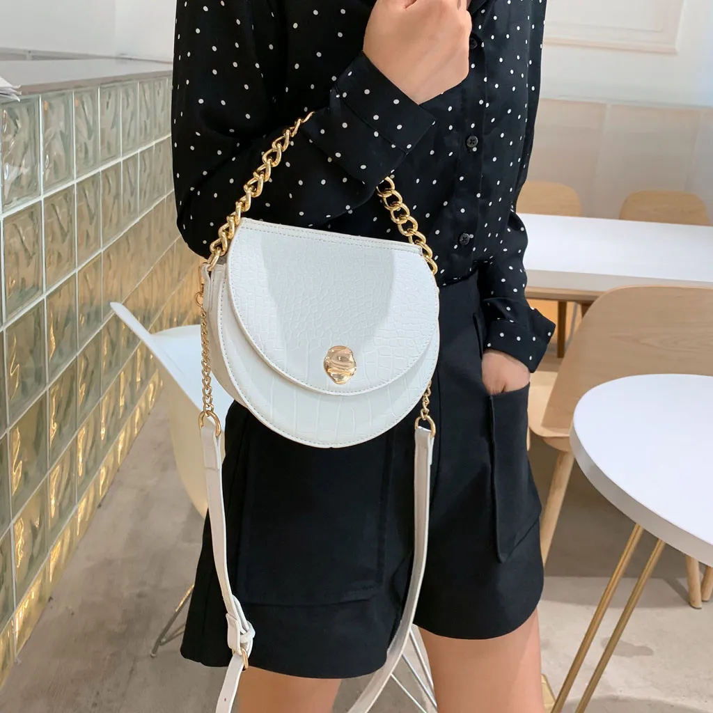 

Women Handbags Saddle Messenger Bag Fashion Stone Pattern Chain Shoulder Bag Chain Adjustable Strap Pure Color White Semicircle