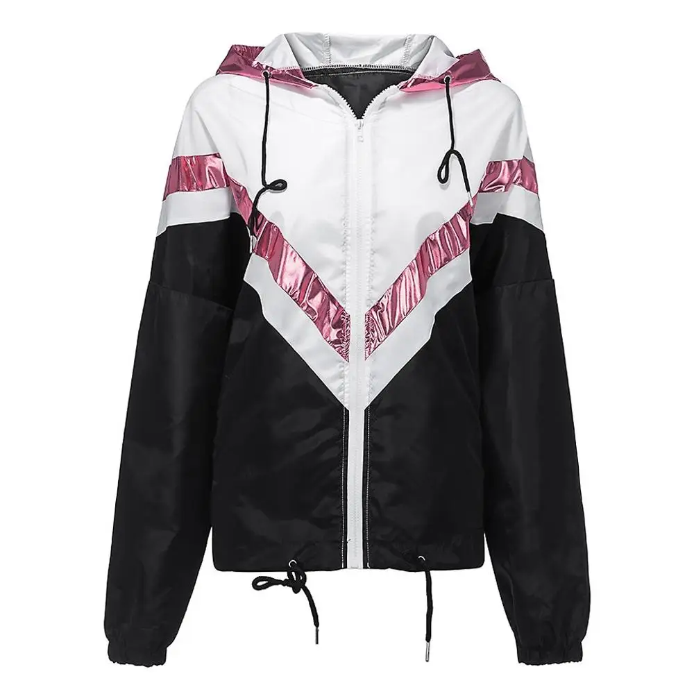 Fashion Women Casual Jacket Autumn Long Sleeve Color Block Zipper Thin Hooded Sport Coat Outdoor Sport Jacket Streetwear