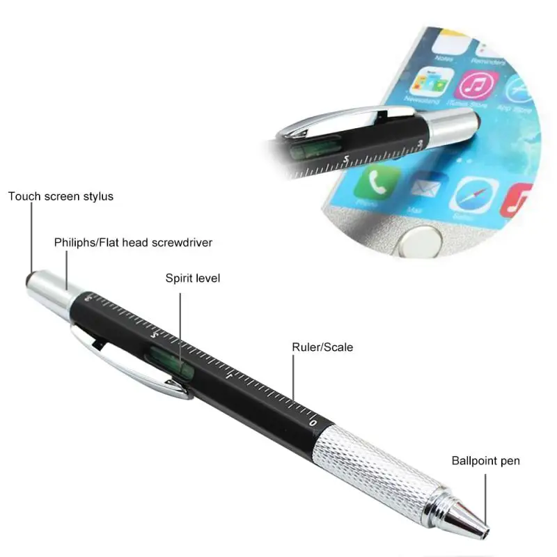 Multi function ballpoint pen. Screwdriver, tool, caliper, level, scale, ballpoint pen, capacitance, advertisement control