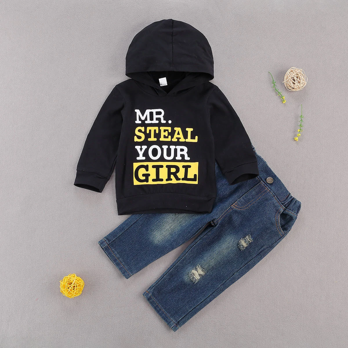 

2020 Fall Fashion Baby Boy Suit Hooded Black Sweatshirt with Letter Patterns+Long Blue Jeans Autumn Spring Hooded Cowboy Set