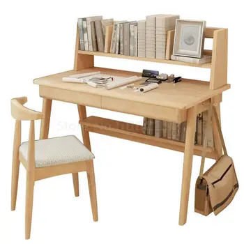 

Wooden Desk Japanese Simple Desk Children's Desktop Computer Desk With Bookshelf At Home