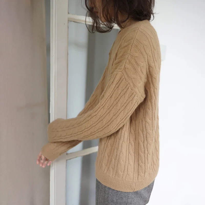 Кашемировый женский свитер, скрученный, плотный, белый, теплый, длинный рукав, вязаный, пуловер, свитер, Осень-зима, джемпер, элегантный, с круглым вырезом, V697