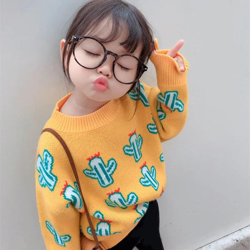 Baby Girl Sweaters For Fall Winter Fashion Cactus Knitted Tops Long Sleeve Round Collar Pullover Sweater 2-7Yrs Toddler Clothes