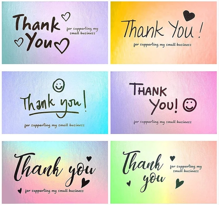 50 Uds 5*9cm múltiples estilos láser gracias tarjetas para apoyar a mi pequeño negocio orden de compra gracias tarjeta de felicitación