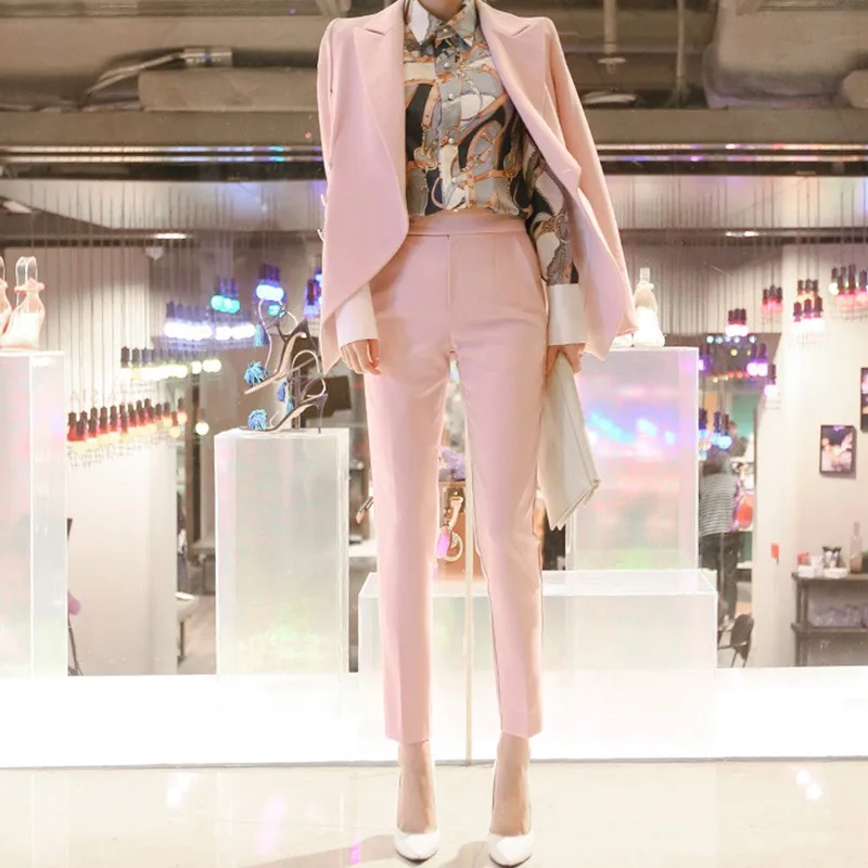 

JSXDHK Business Autumn Women 2 Piece Set Pink Formal Turn Down Collar Office OL Blazer Coat + Work Pencil Trousers Pant Suits