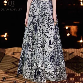 

Qian Han Zi 2020 Designer Fashion vintage party Maxi skirts Brand high quality luxury mesh embroidered vacation beach long skirt