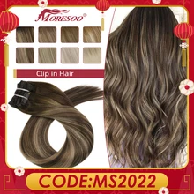 

[Hot Sale] Moresoo Clip in Human Hair Natural Hair Extensions Machine Remy Straight Set 7 Pcs Double Weft Brazilian Extensions