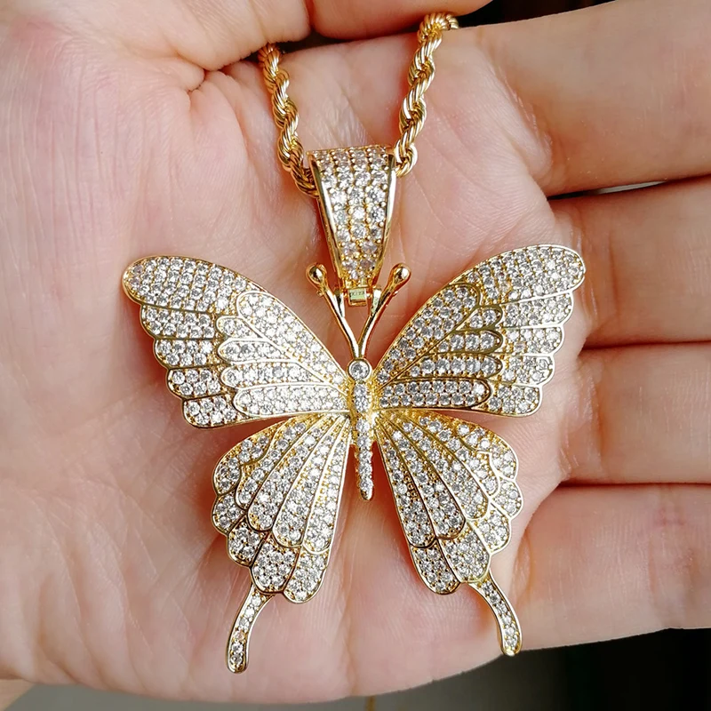 Микро проложили AAA+ кубический цирконий Bling Iced Out Бабочка Подвески ожерелье для женщин мужчин хип хоп рэппер ювелирные изделия розовое золото серебро