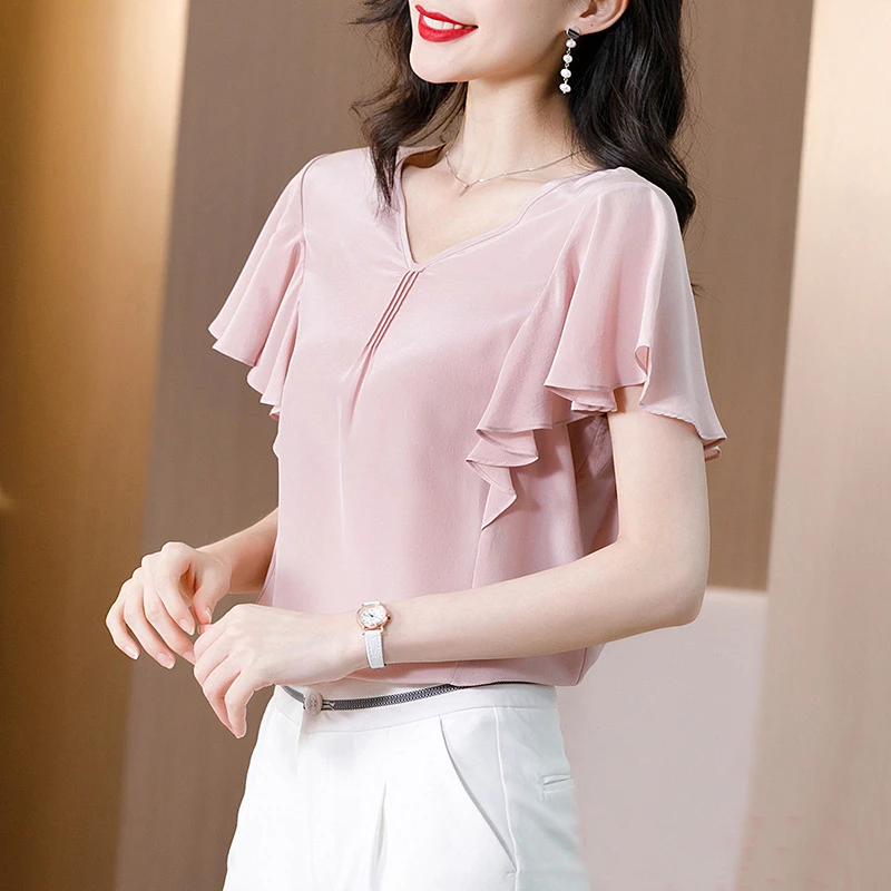 Blusa de seda para mujer, Camisa lisa de manga corta con cuello en V, color rosa, 100%|Blusa| -