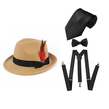 

2020 Fashion Hat Hot 1920s Mens Gatsby Gangster Accessories Set Panama Hat Suspender Bow Tie