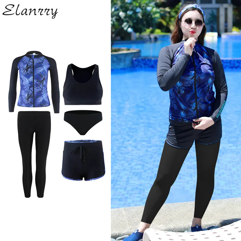 Women Sport Swimsuit Summer 5 Pieces Swimwear Long Sleeves+Long Pants Surfing Suit 5XL Rashguards Padded