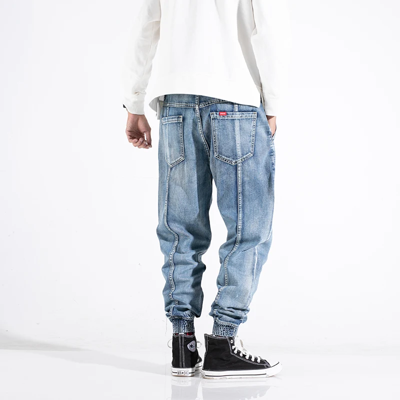 Fashion Streetwear Men Jeans Blue Spliced Designer Loose Fit Denim Cargo Pants Harem Jeans Streetwear Hip 4