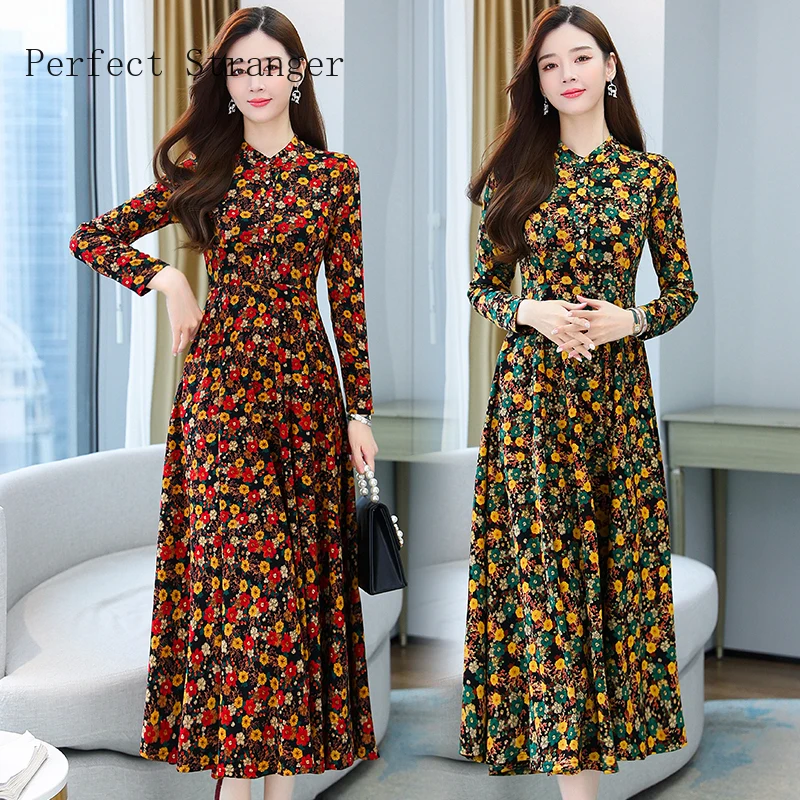 2021 Autumn New Arrival Hot Sale Stand Collar Flower Printed Long Sleeve Knitting Cotton A-LINE Mid-Calf Long Dress