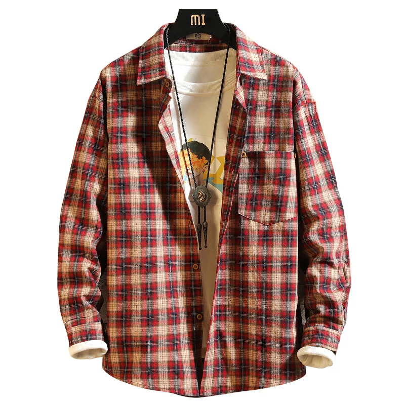 

100% cotton new spring and autumn loose wild student trend long-sleeved plaid shirt male shirt GC82