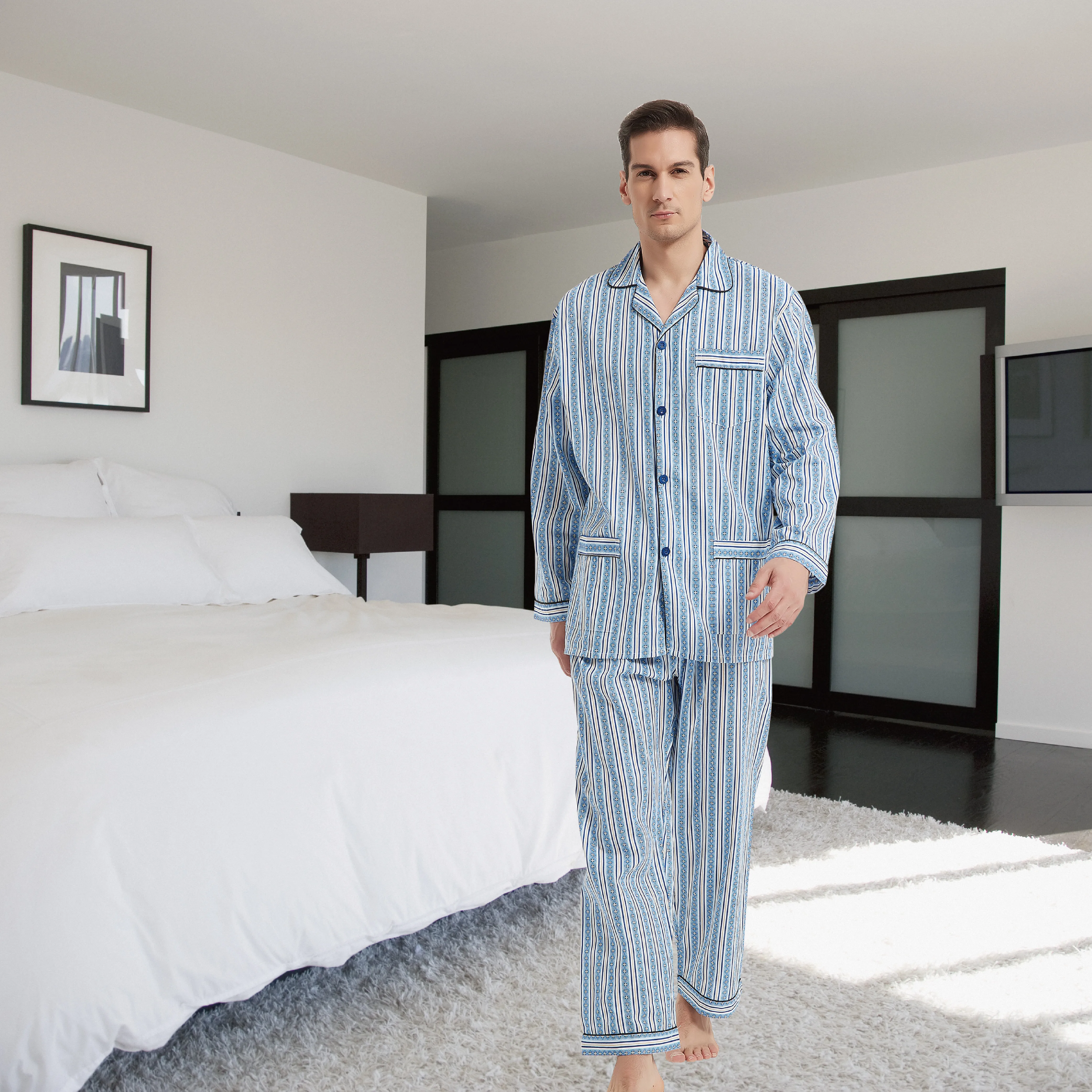 Global/pajamas men's button/set men's home/pajamas men's with pants suitable for spring and summer