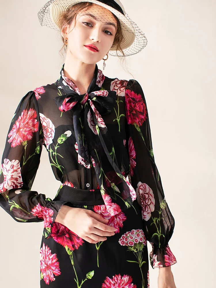 MoaaYina, Высококачественная Модная шелковая блузка с рукавом-фонариком, Летняя женская Элегантная Шелковая блуза с воротником-бабочкой и цветочным принтом