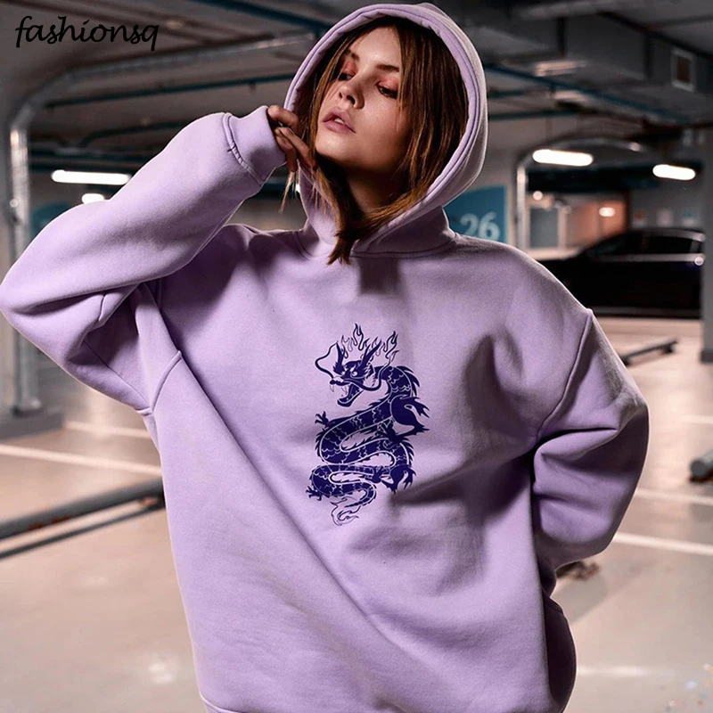 

Streetwear hoodie vintage women Chinese dragon print hooded sweatshirt winter new Oversize loose women's Harajuku hip hop hoodie