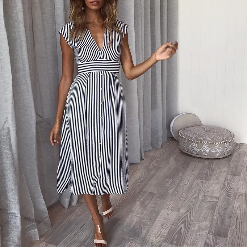 

Vintage Stripe Print Summer Midi Dress Women Elegant Deep V Sash Tie Up Bodycon Dresses Female Streetwear Sundresses 2019