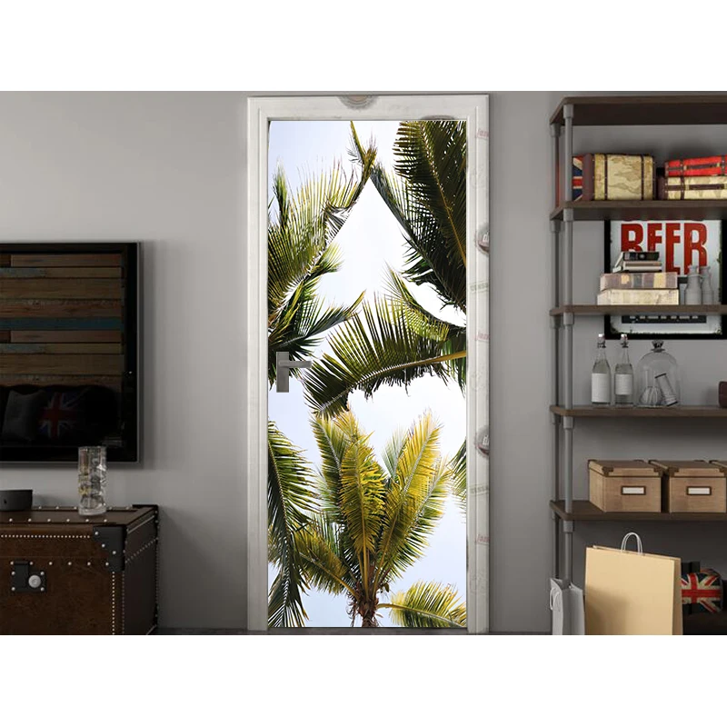 3D Print Big Palm Tree Landscape Waterproof Entire Door Sticker Creative Stickers Door Wall Sticker DIY Mural Bedroom Home Decor