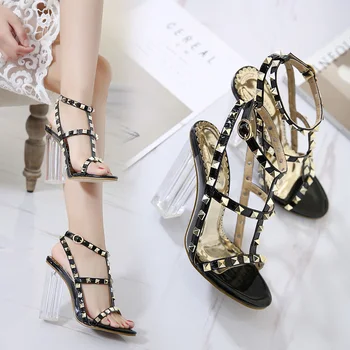 

Summer 2020 new crystal studded open-toe sandals chunky heel high heel women's shoes sandals