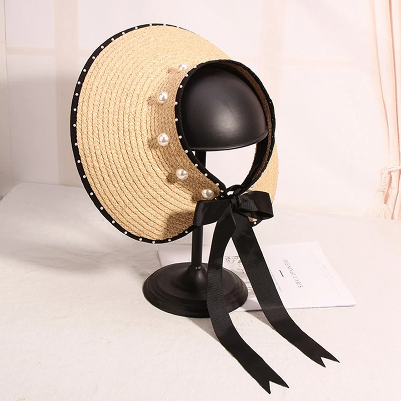 Летняя новинка, Солнцезащитная большая шляпа с жемчугом, соломенная шляпа ручной работы, женская шляпа от солнца