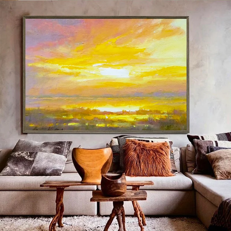 

Pure Hand-painted Oil Painting Yellow Purple Seaside Sunrise Decorative Painting Thick Oil Vertical Version Knife Painting
