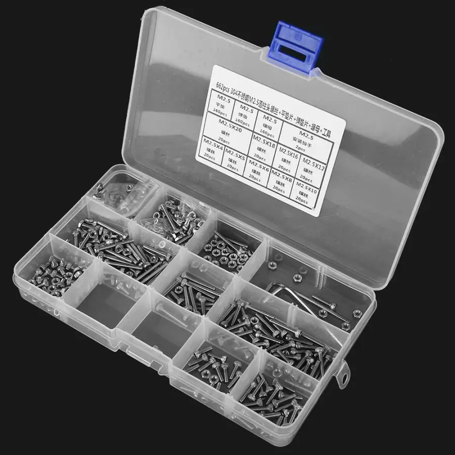 

662 Pcs Screw M2.5 Socket Cap Head Screw+Flat Washer+Spring Washer+Nut+Tool Set Hex Cap Screw