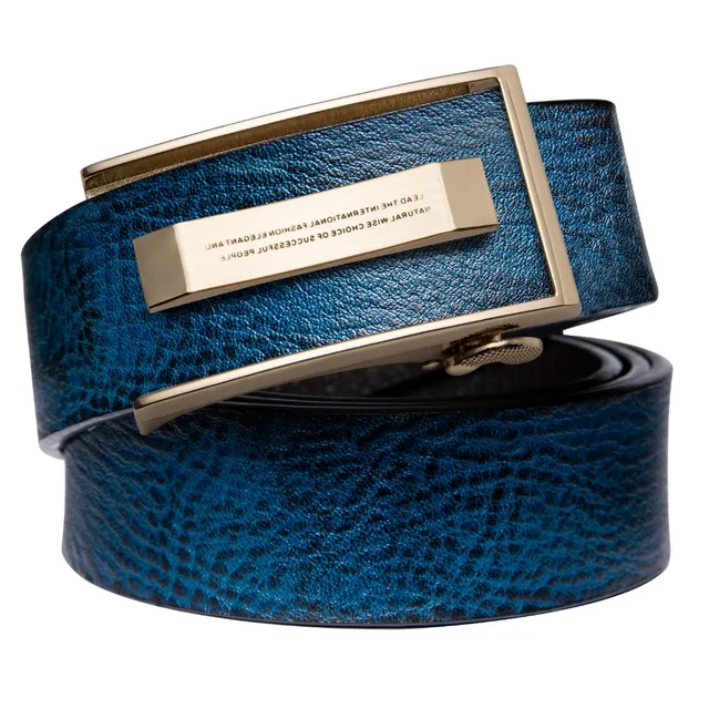 Hi-Tie Blue Navy Cowhide Leather Mens Belts Gold Automatic Buckles