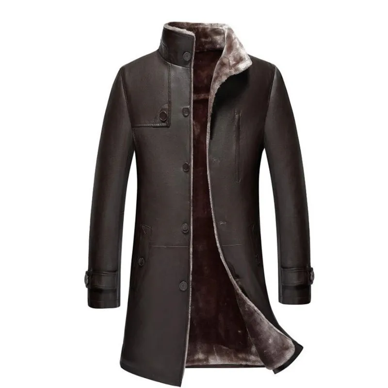 

Plus Size 4XL Men's Single-breasted Long Trench Coat Leather Winter Warm Fur Lining Jackets Outerwear Parka