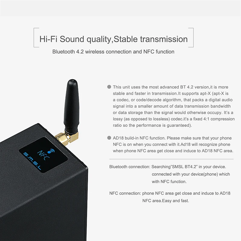 SMSL AD18 Bluetooth 4,2 усилитель для наушников HIFI полный цифровой декодирующий усилитель мощности усилитель для наушников цап поддержка Apt-X, USB DSP